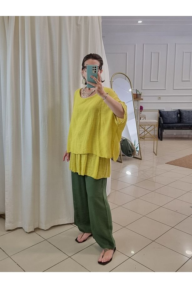 İncecik Pamuklu Oversize Hardal Sarı Bluz İtalyan - 3