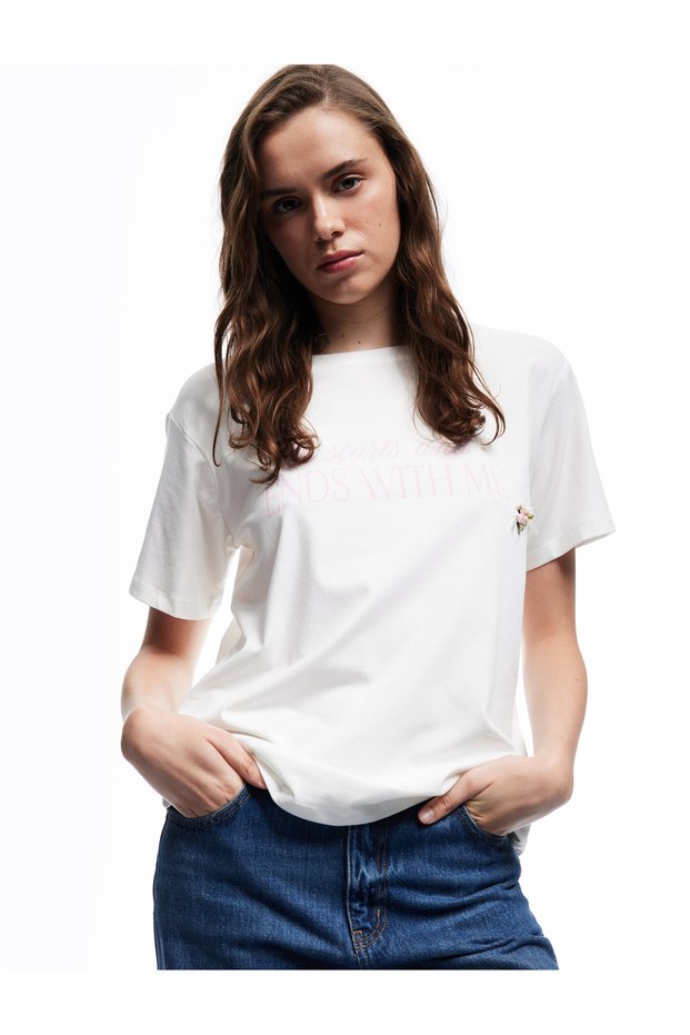 Cotton Short Sleeve Crew Neck Bow Detailed Printed T-Shirt