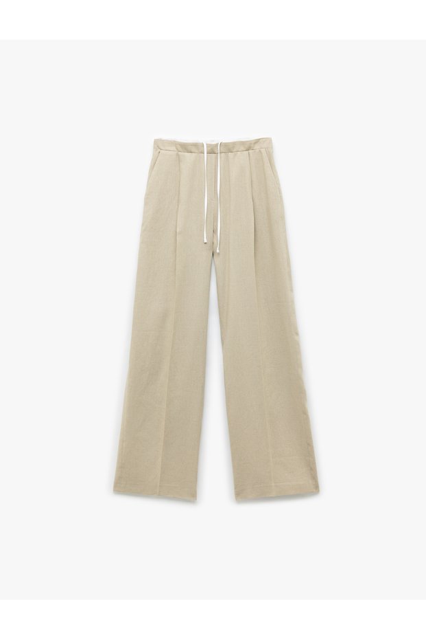 Double Waist Detailed Tie Pocket Straight Wide Leg Linen Trousers