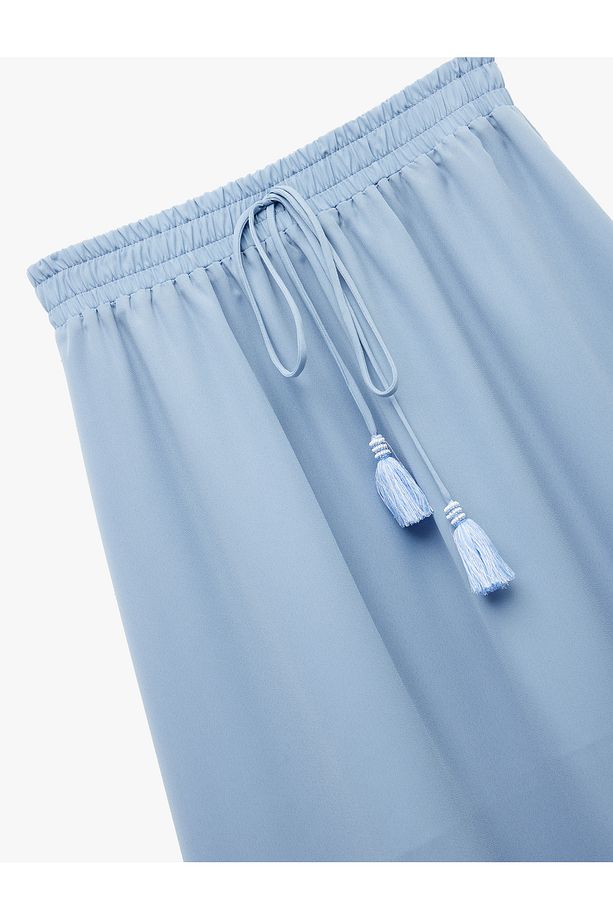 Krep Kumaş Astarlı Beli Lastikli Bağlamalı Midi Kloş Etek - 5