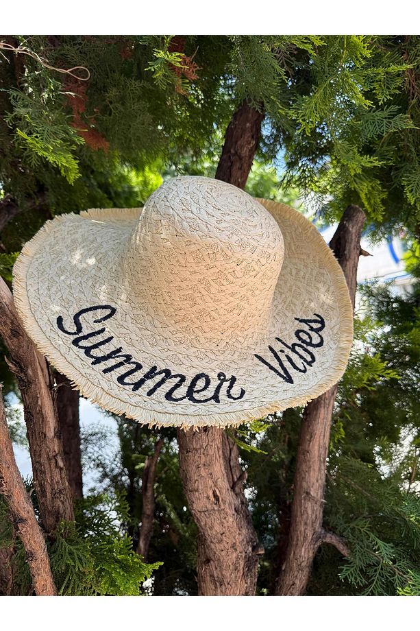 14726 Summer Vibes Nakışlı Bej Geniş Hasır Şapka - 3