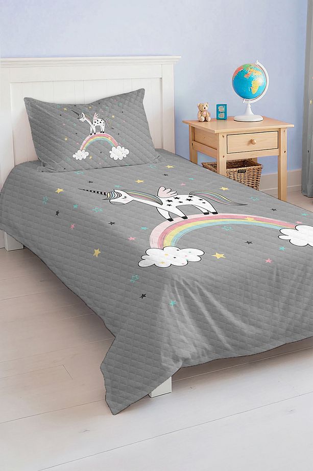 Unicorn Desenli Tek Kişilik Çocuk ve Genç Odası Pike Takımı Yatak Örtüsü - 3