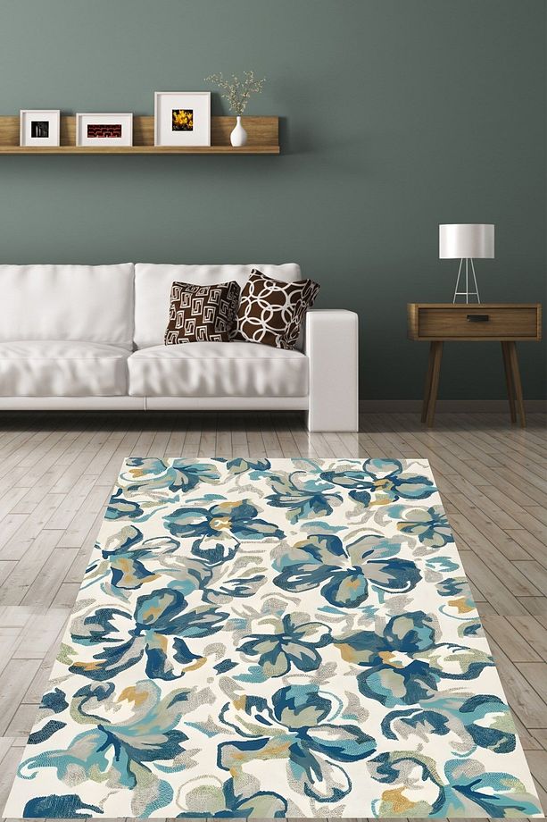 Modern Floral Desenli Mavi Çiçekler Yıkanabilir Kaymaz Taban Leke Tutmaz Çocuk Odası Halısı - 2