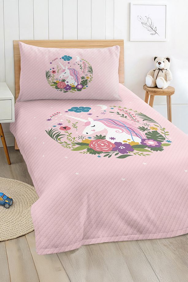 Unicorn Desenli Tek Kişilik Çocuk ve Genç Odası Pike Takımı Yatak Örtüsü - 3