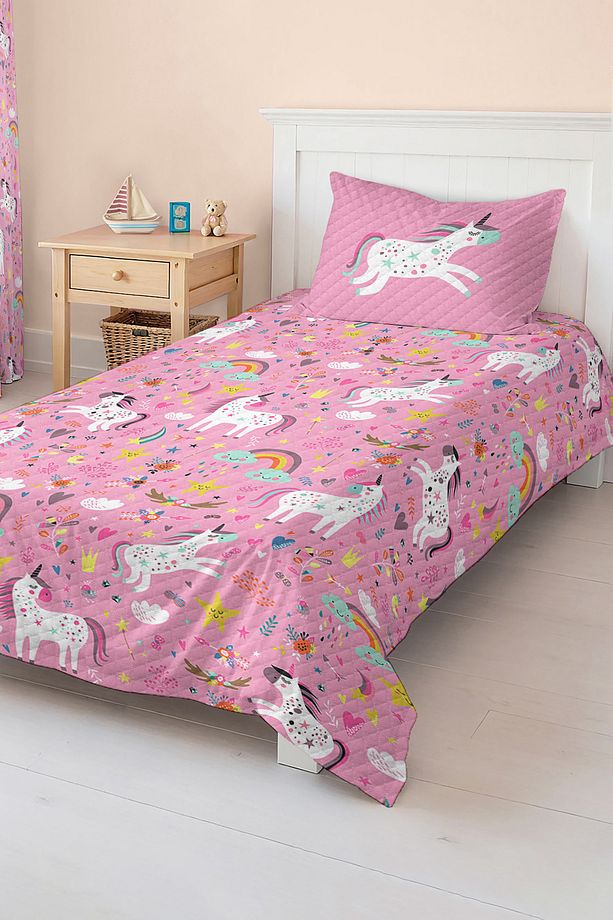 Unicorn Desenli Çocuk ve Genç Odası İçin Tek Kişilik Pike Takımı Yatak Örtüsü - 4