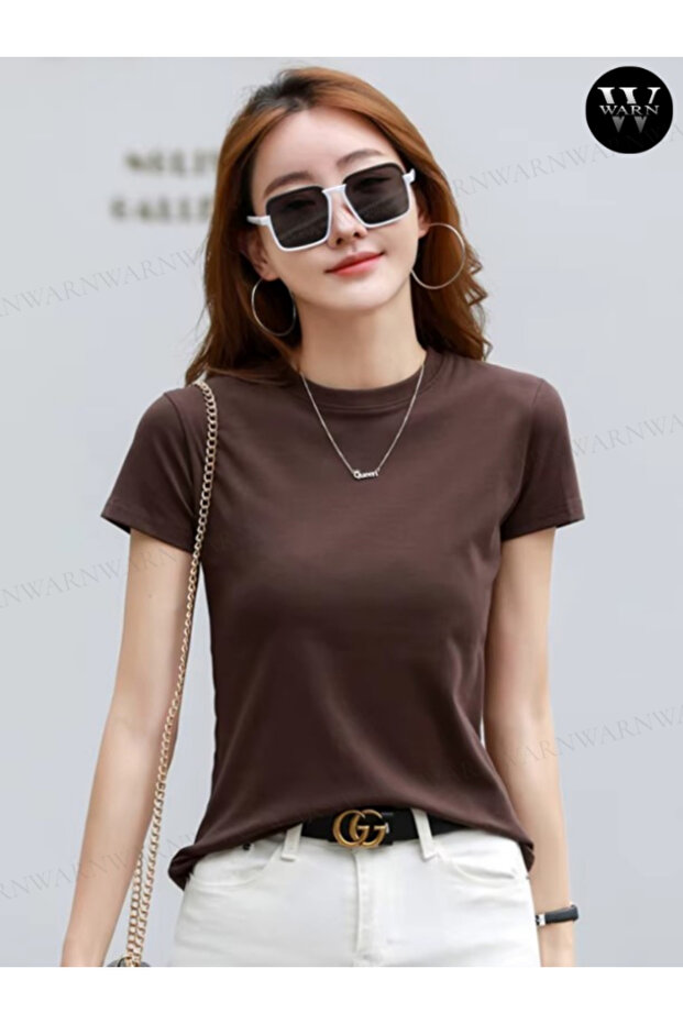 Brown Women's Crew Neck Slimfit T-Shirt Stretchy Stretch Fabric 100% Cotton Summer