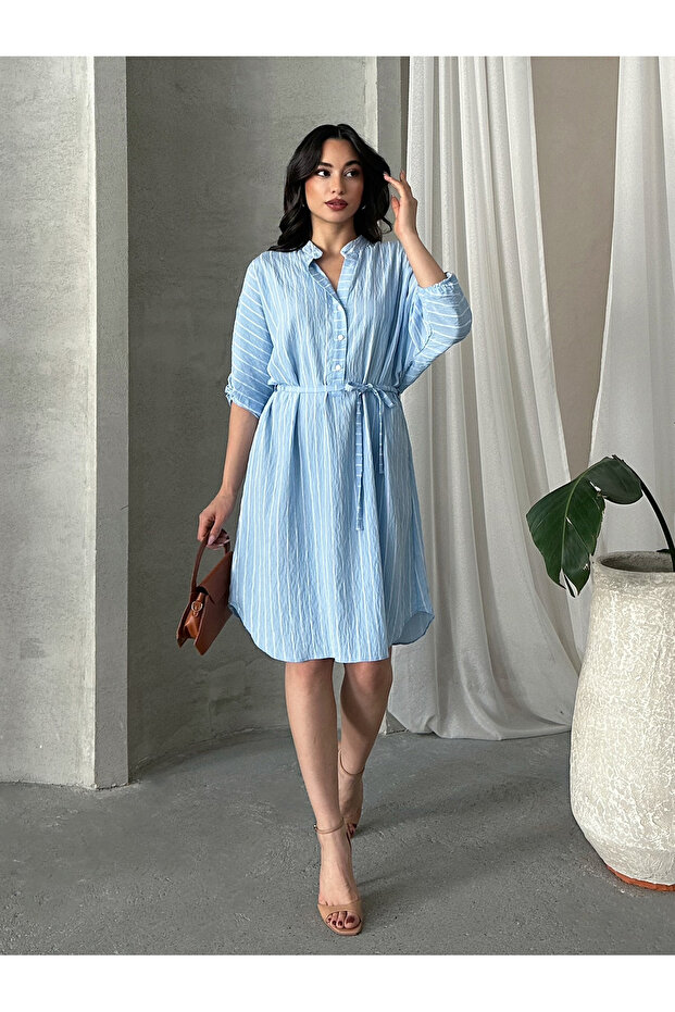 Women's Striped Button Midi Length Dress