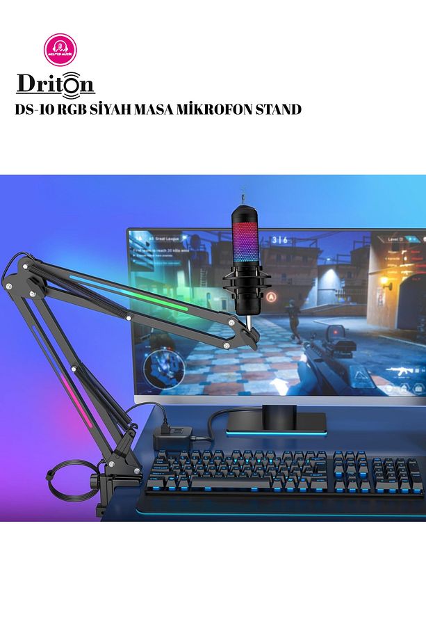 DS-10S SİYAH PRO RGB Profesyonel Oyuncu ve Yayıncı Mikrofon Masa Standı - 3