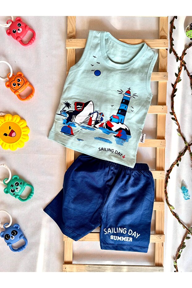 100% Organic Cotton Unisex Summer Baby Set – Sailing Day Undershirt & Shorts 2-Piece Sea Themed Set