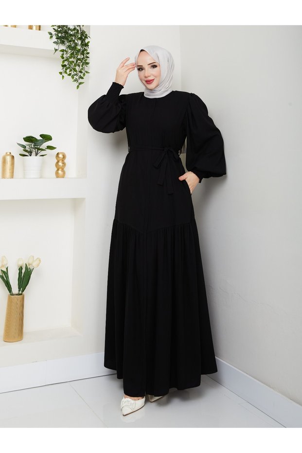 Pleated Waist Hidden Zipper Belt Balloon Sleeve Ferace-1031