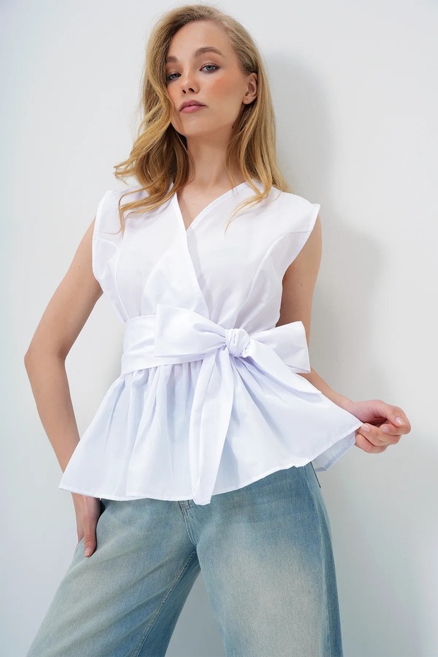 Women's Double Breasted Collar Skirt Flounced Self Belted Summer Poplin Blouse