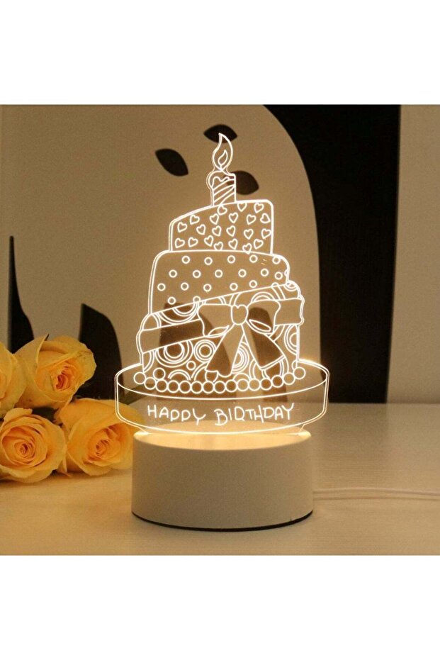 Happy Birthday Cake 3D LED Lamp White