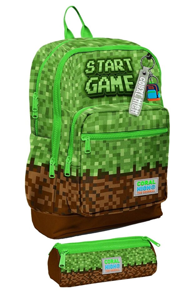 Primary School Boy's Four-Eye Backpack and Pen Holder Set - Green Brown Craft