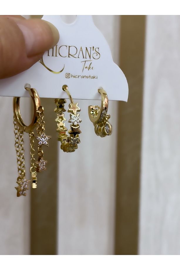 KIKIRDAKLI YILDIZ MODEL ÜÇLÜ SET ÇELİK KÜPE - 2