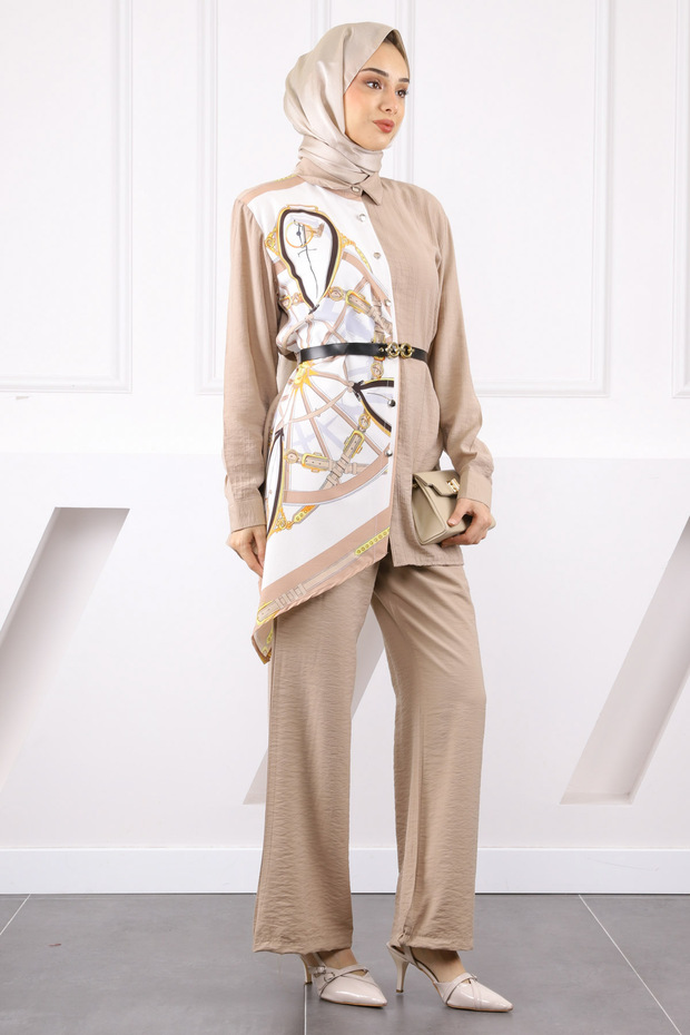 طقم بنطلون تونيك مودال منقوش على شكل مينك - 3