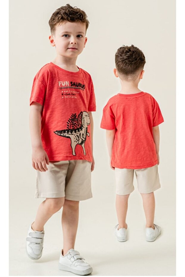Boy's Woven Printed T-Shirt Shorts Set with Elastic Waist Pocket