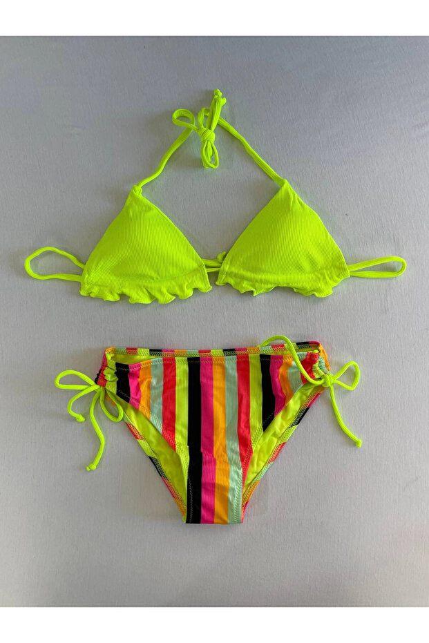 Women's Neon Yellow Color Patterned Halter Bikini Suit Hzl25S-Lc3350