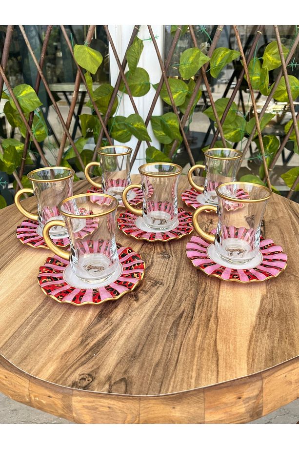 Pembe leopar çay seti 12 prç kulplu - 2