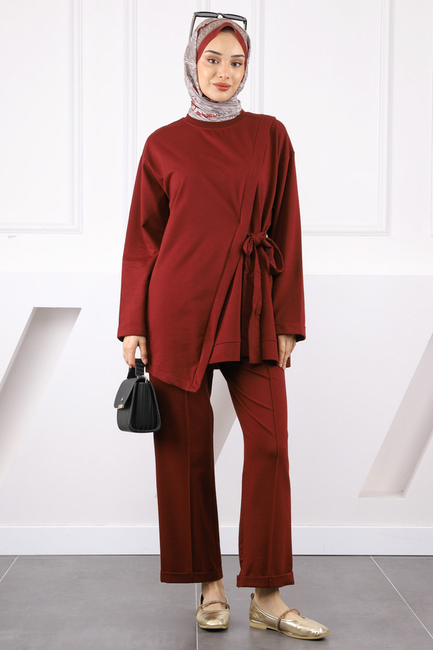 Burgundy Asymmetrical Detailed Tunic Pants Suit