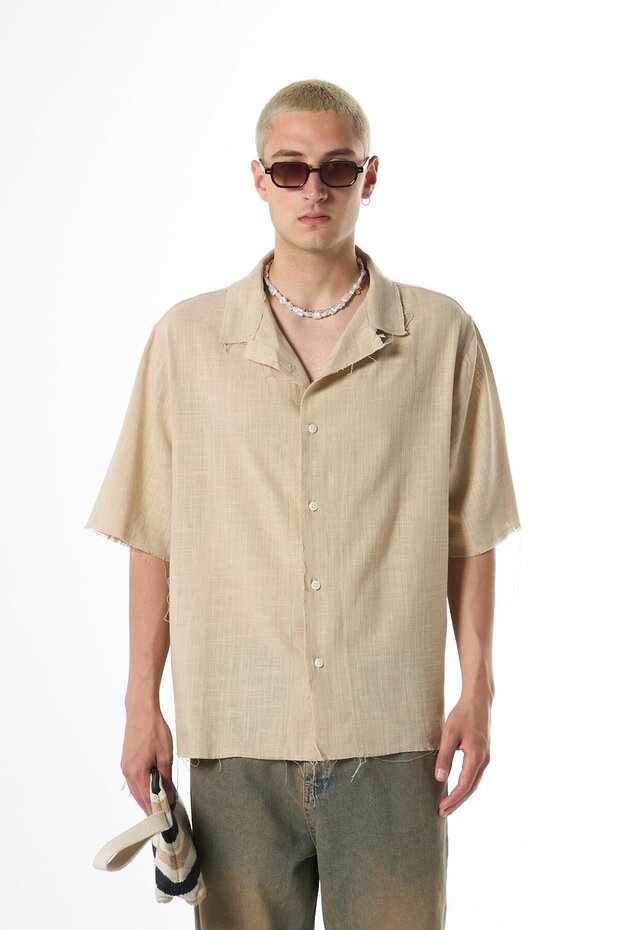 Seamless Short Sleeve Pocketless Oversize Linen Shirt Beige