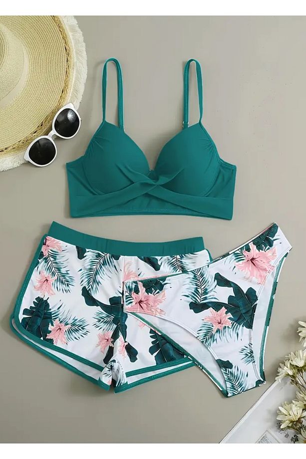 Tropikal Desenli 3’lü Bikini Takımı – Şortlu, Yeşil Renk | PhellosC - 2