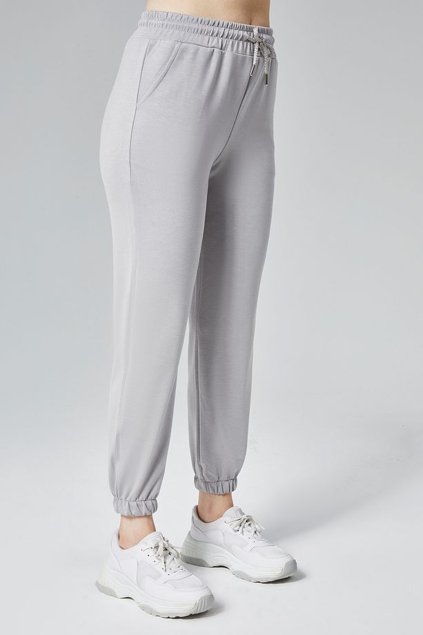 Kadın Gri Modal Kumaş Lastikli Paça Tek Alt Jogger Pantolon - 7