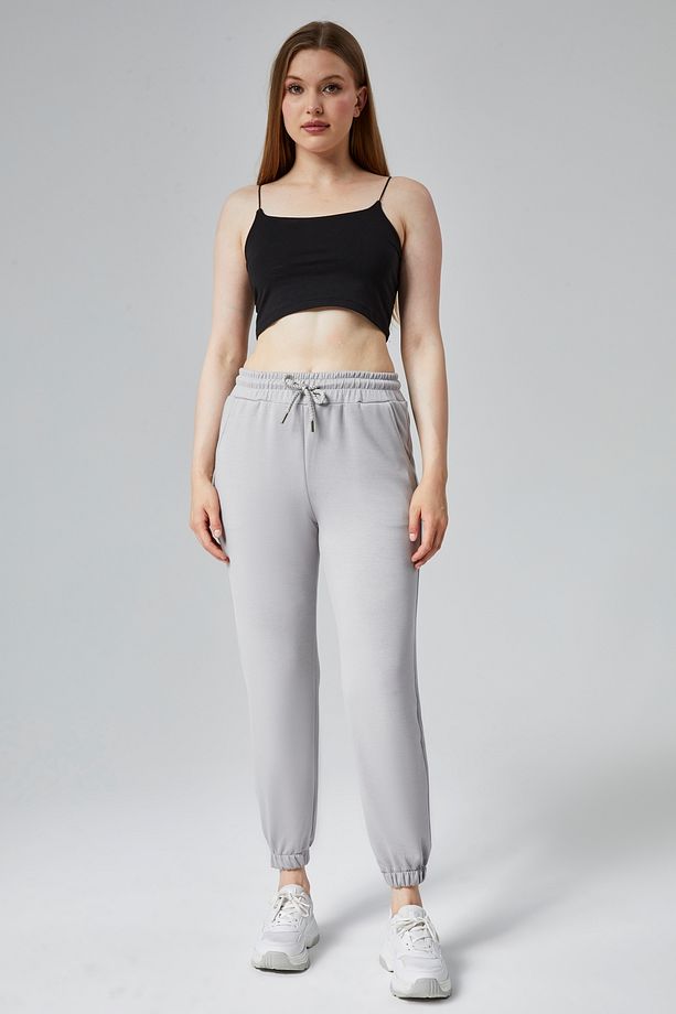 Kadın Gri Modal Kumaş Lastikli Paça Tek Alt Jogger Pantolon - 2