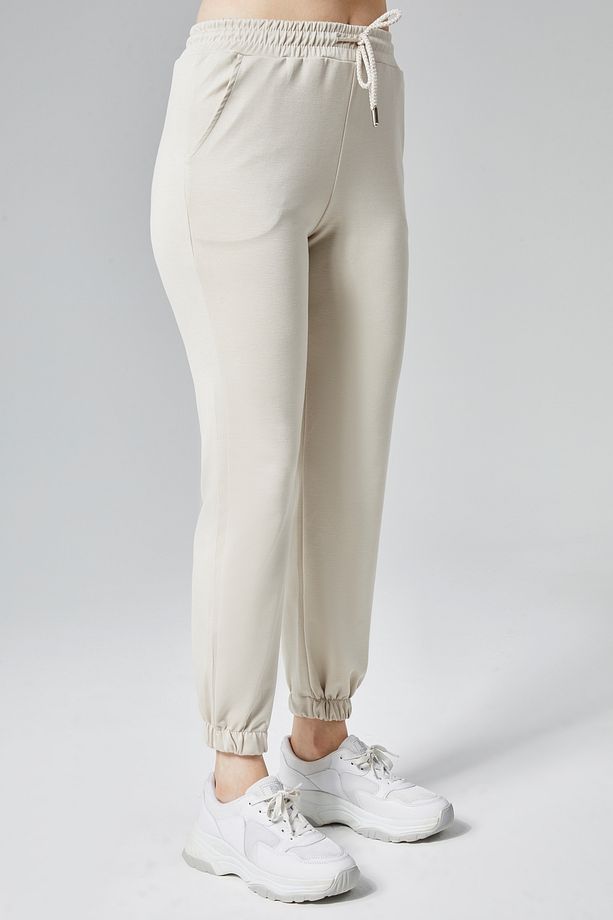 Kadın Krem Modal Kumaş Lastikli Paça Tek Alt Jogger Pantolon - 6