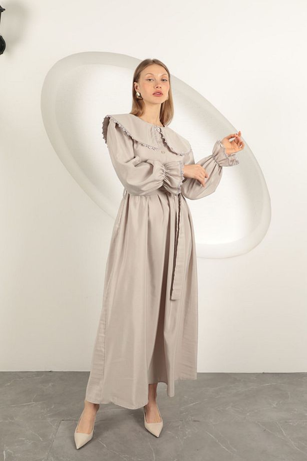 Modal Kumaş Dantelli Kadın Elbise-Taş - 4