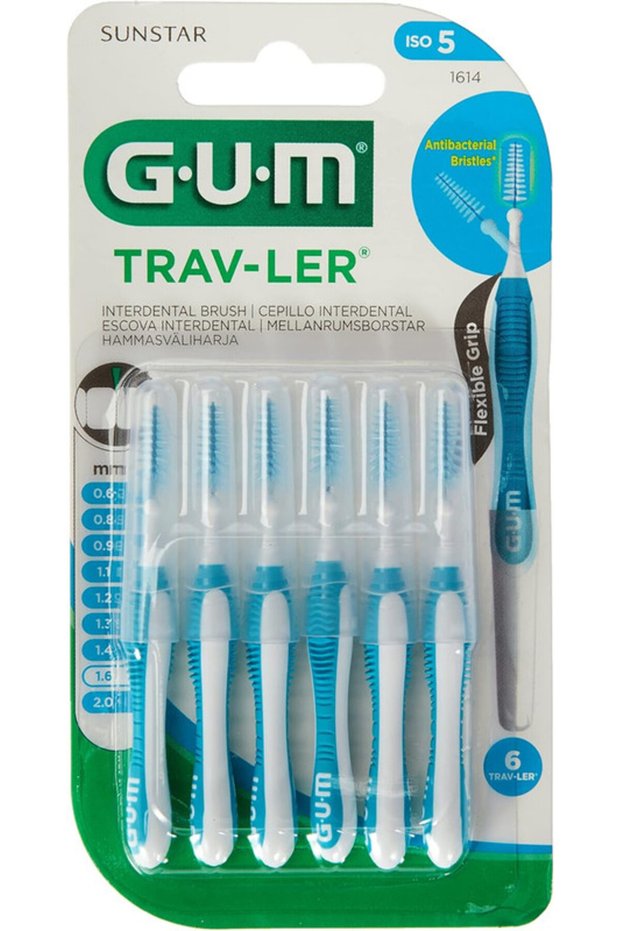 GUM Trav-Ler Interdental Brush Blue 6pcs Coated Wire Gentle Cleaning Anti-Bacterial Bristles