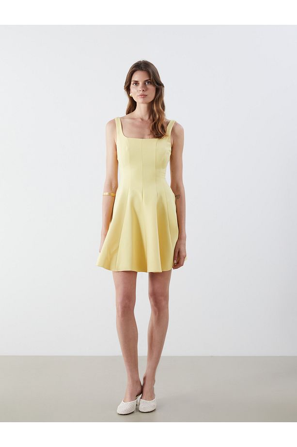 Kare Yaka Peplum Mini Elbise - 1
