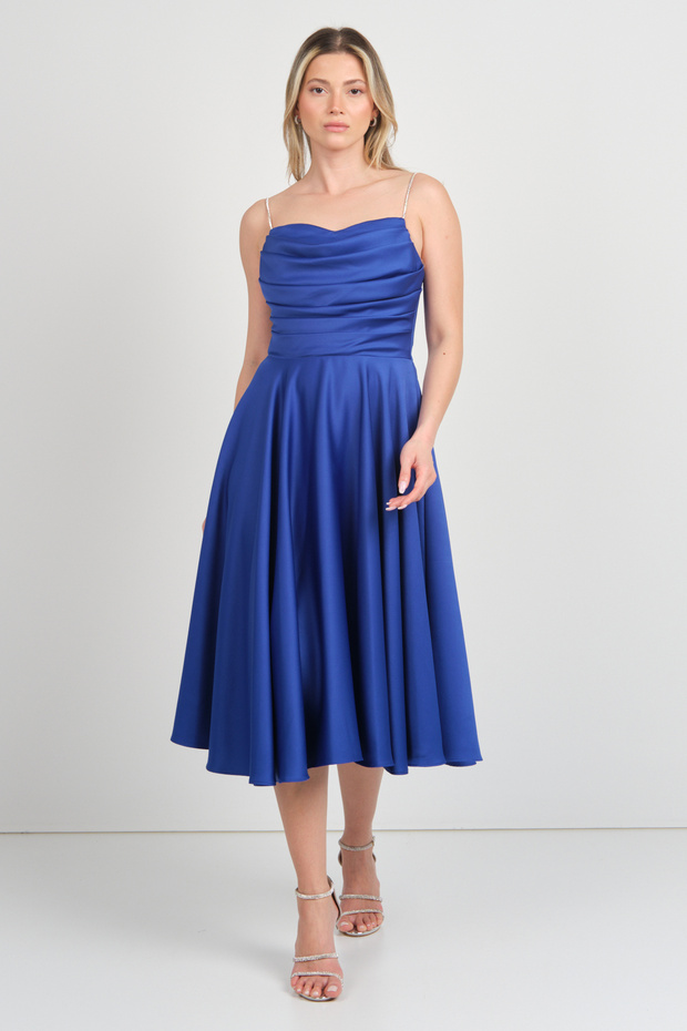 Women's Stoned Rope Strap Draped Satin Evening Dress 1749 Cobalt Blue