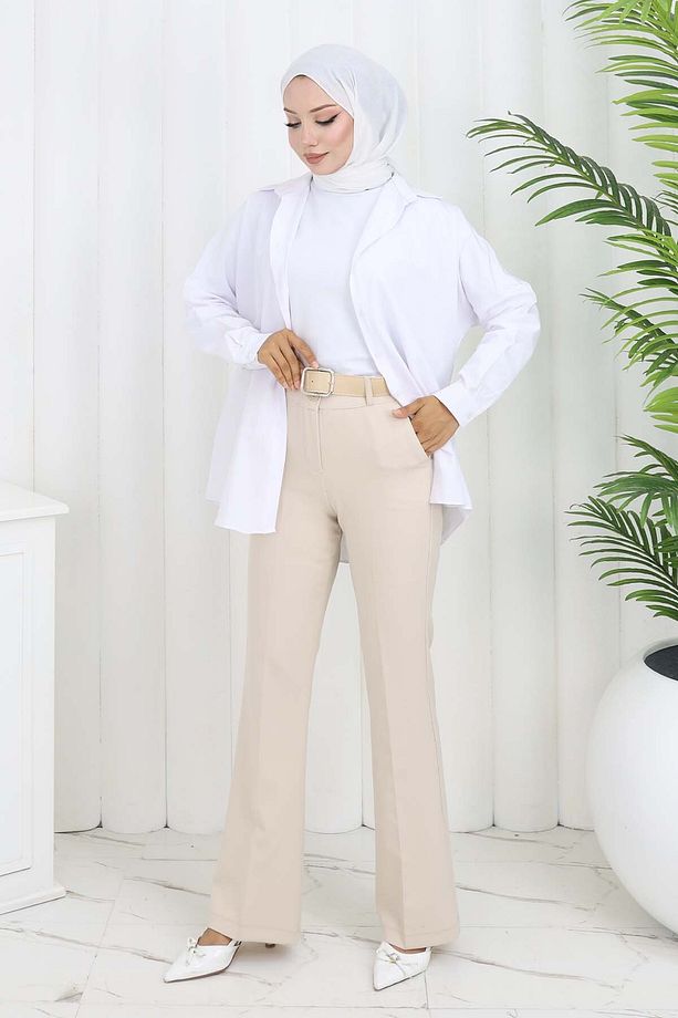Kemerli İspanyol Paça Pantolon Taş Rengi 6538 - 3