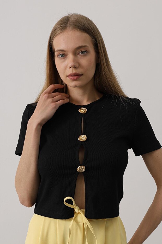 Shilsee Women's Decolate Front Button Short Sleeve Bluz Top Black