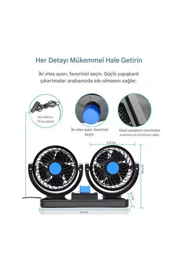 Araç İçi Vantilatör 360° Dönebilen Torpido Üstü Çift Başlıklı Vantilatör 12v Uyumlu Soğutucu Fan - 5