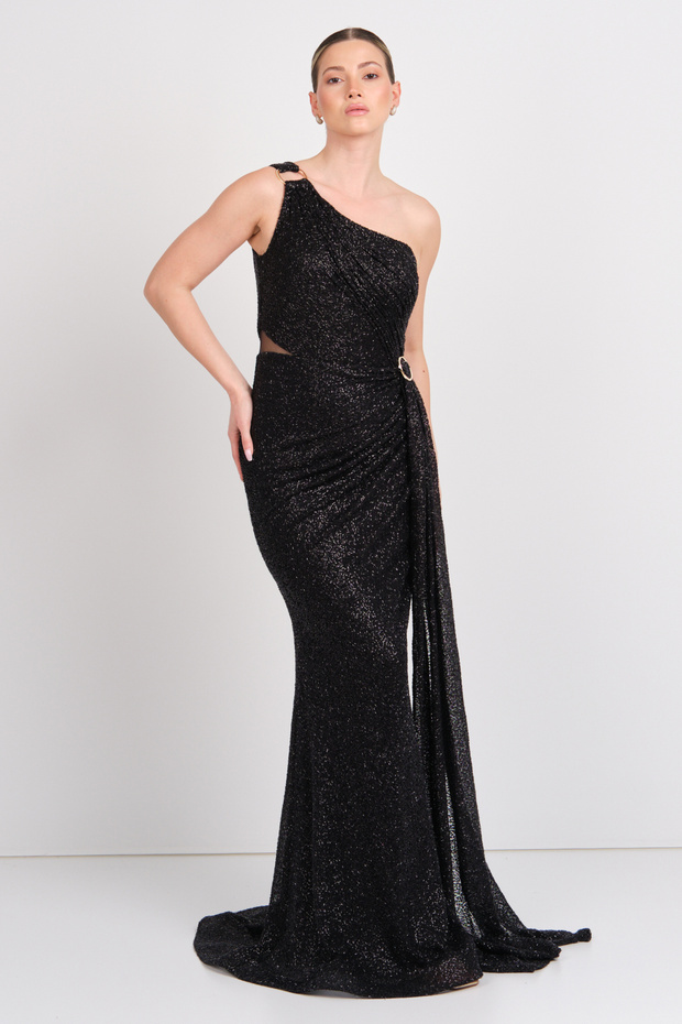 Women's One Shoulder Full Stone Fish Form Evening Dress 5523 Black