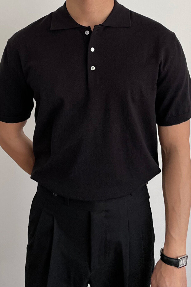 Men's Black Buttoned Regular Fit Knitwear T-Shirt