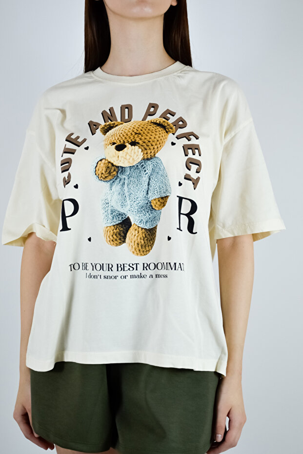 Sıfır Yaka Teddy Bear Baskılı Basic Tişört Ekru - 3
