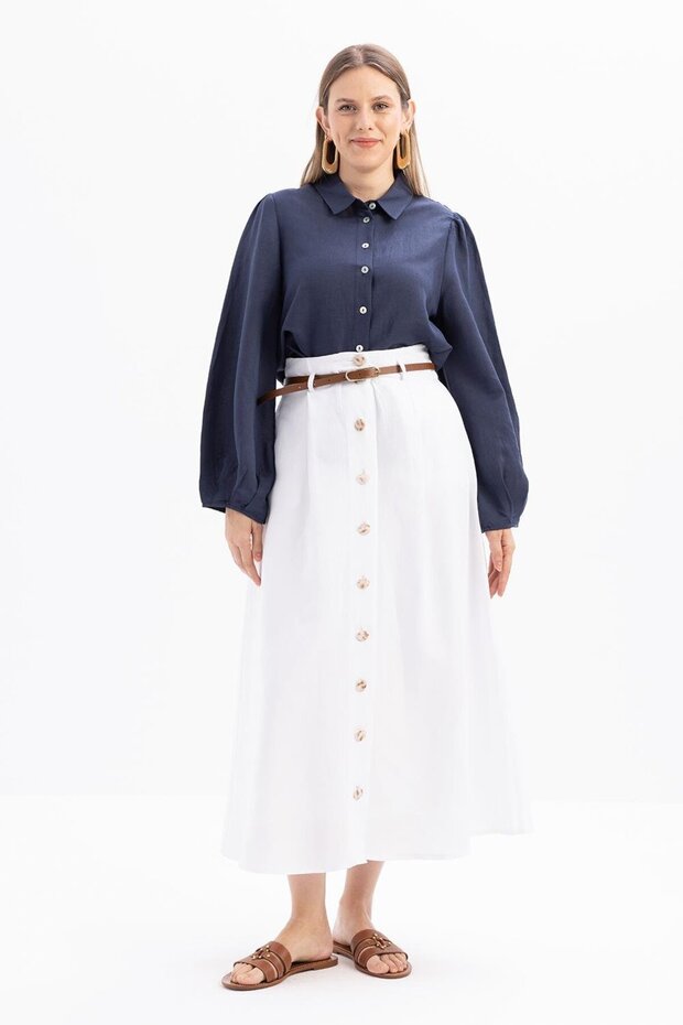 White-Pleated Belted Flared Skirt