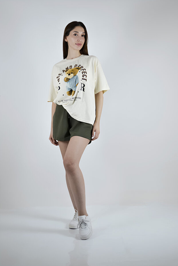 Sıfır Yaka Teddy Bear Baskılı Basic Tişört Ekru - 2