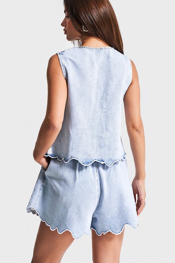 Kadın Snow Kot Rengi 3s5-3 Viskon Koton Kumaş Bağcık Dantel Detaylı Sıfır Kol Tasarım Denim Yelek - 3