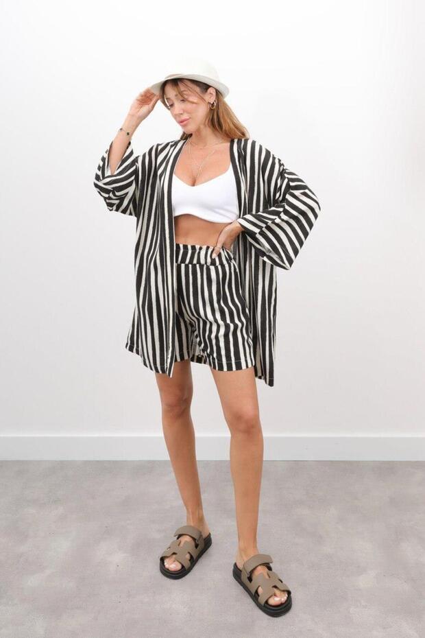 Women's Lino Striped Black Linen Kimono Set