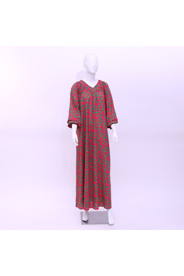 Casual Dress - V- Neck A- line Red and Green Floral Dress