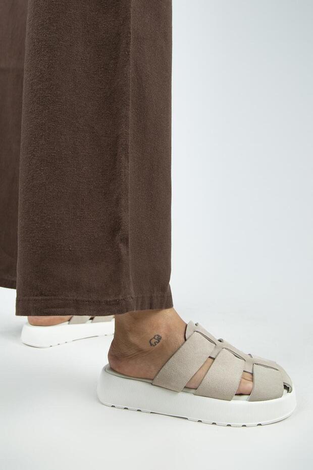 Rodin Women's Genuine Leather Three-Stripes Sabo Beige Slippers