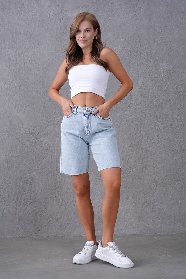 Yüksek Bel Rahat Kalıp Diz Üstü Kot Şort Jeans Şort 70367 - 8