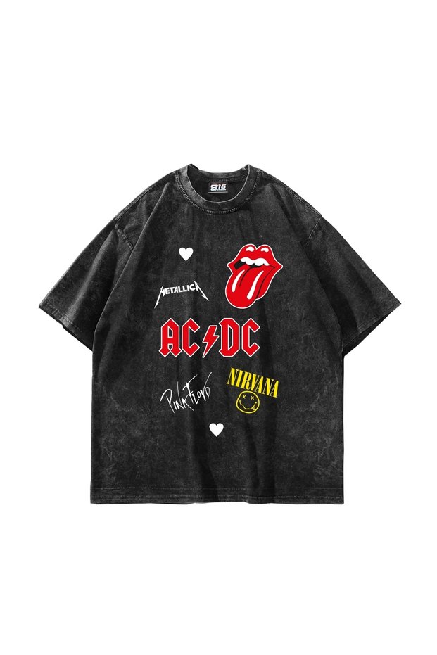 Rock N Roll Printed Oversize Unisex Washable Black Tshirt