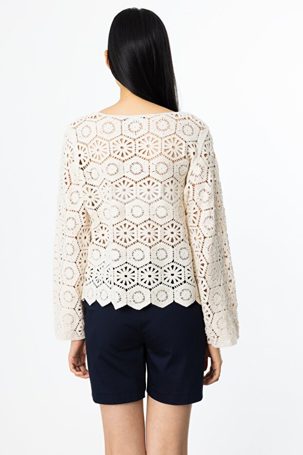 Dantelli Örme Hırka Krem-56932 - 4