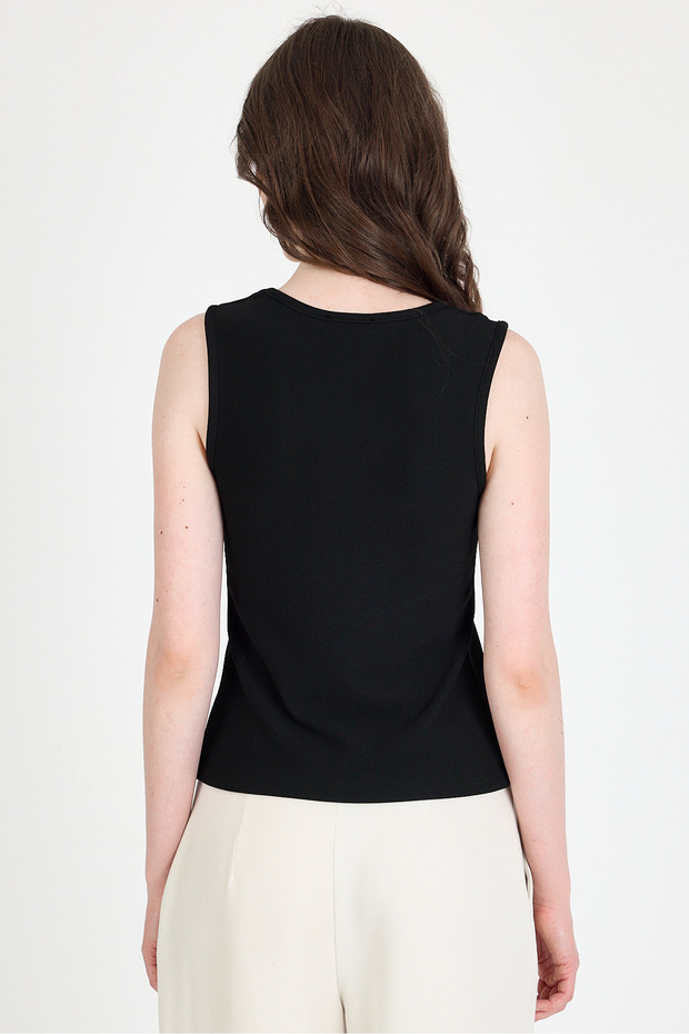 Black Button Detailed V-Neck Blouse 018 - 5