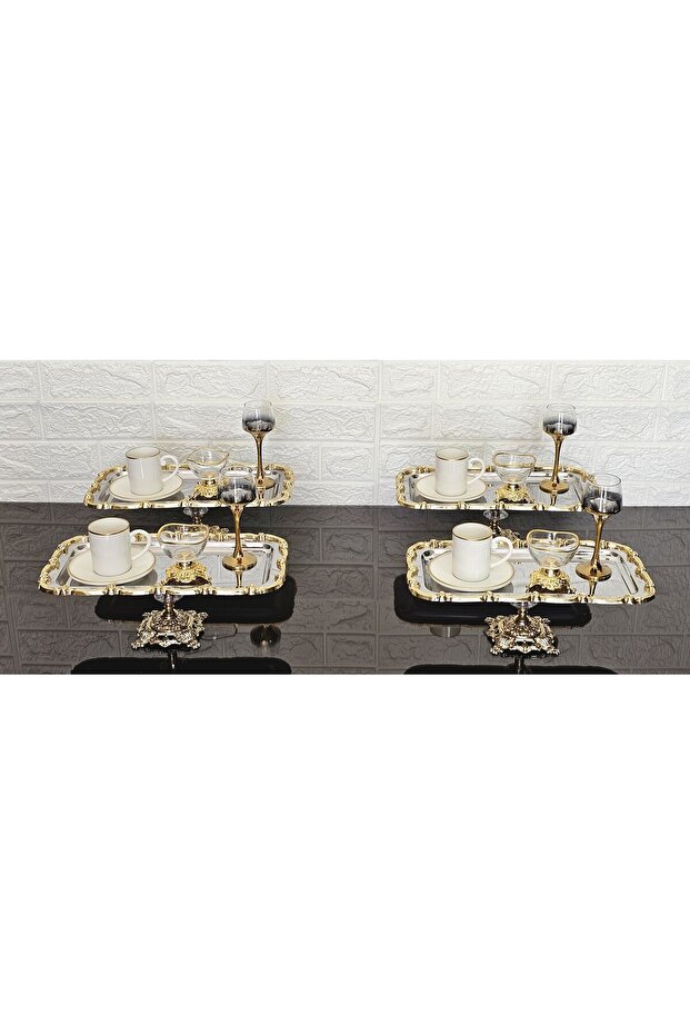 6 Pieces Baton Silver Presentation Tray Gold Rose Framed & Coffee & Tea Tray 32cm