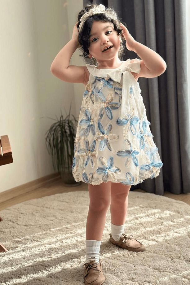 3-10 Yaş Zambak Model Kız Çocuk Elbise Mavi - 1